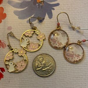 Floral & Bunny Gold and Pink Earrings